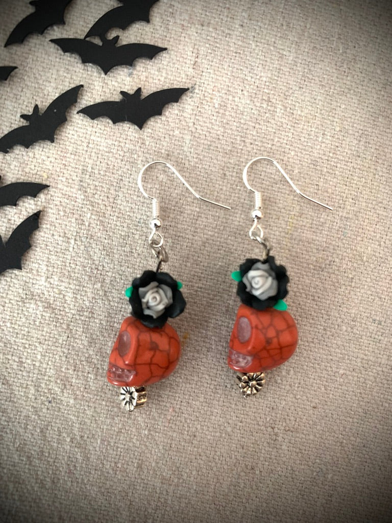 Orange Howlite Skull and Rose - Sterling Earrings