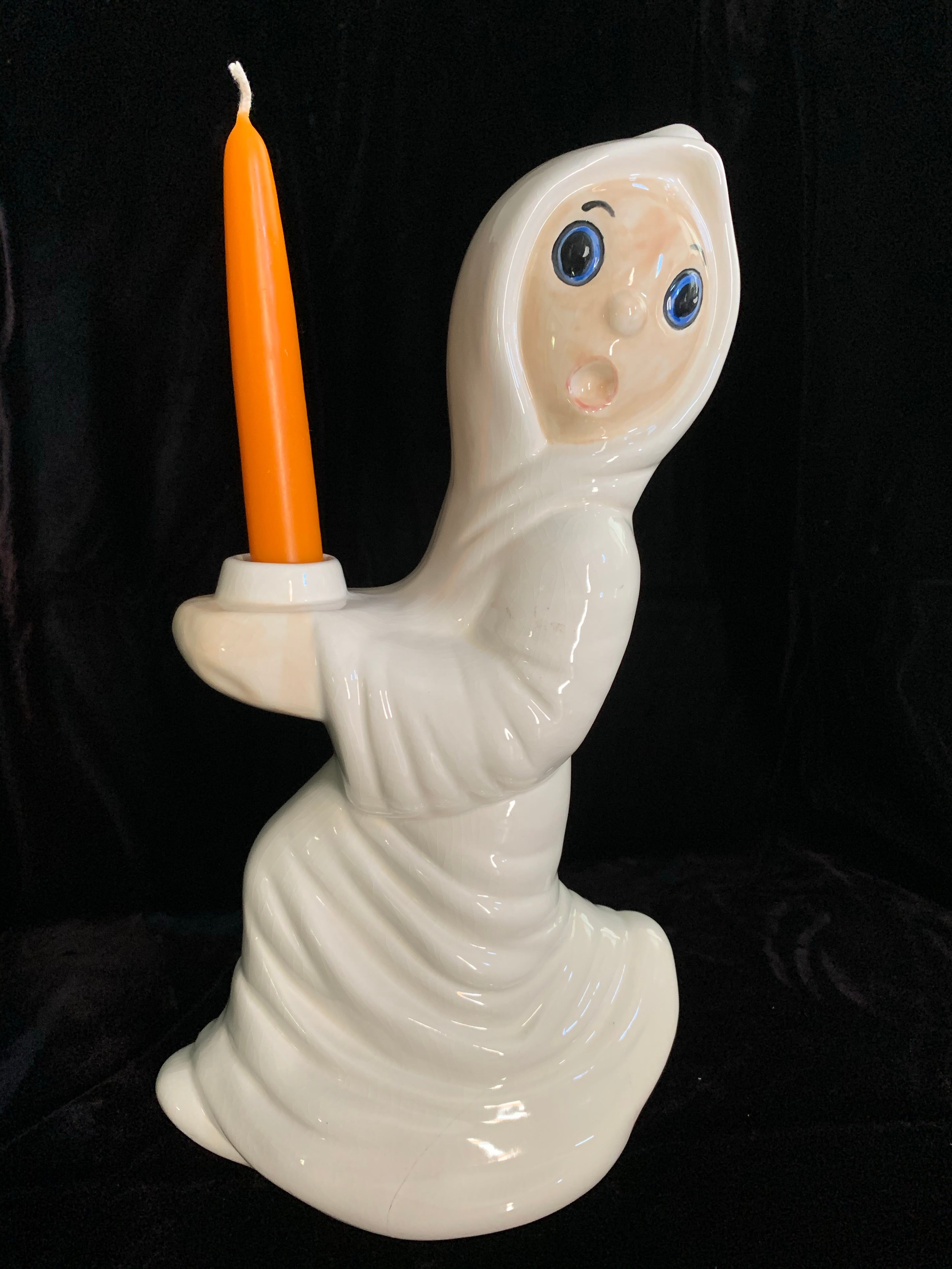 Vintage 1970's Running Ghost Ceramic Painted Face Candle Holder
